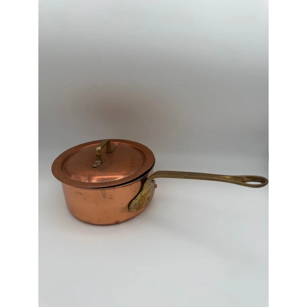 Vintage Copral Copper Saucepan with Lid Made in Portugal Brass Handle 7 inch